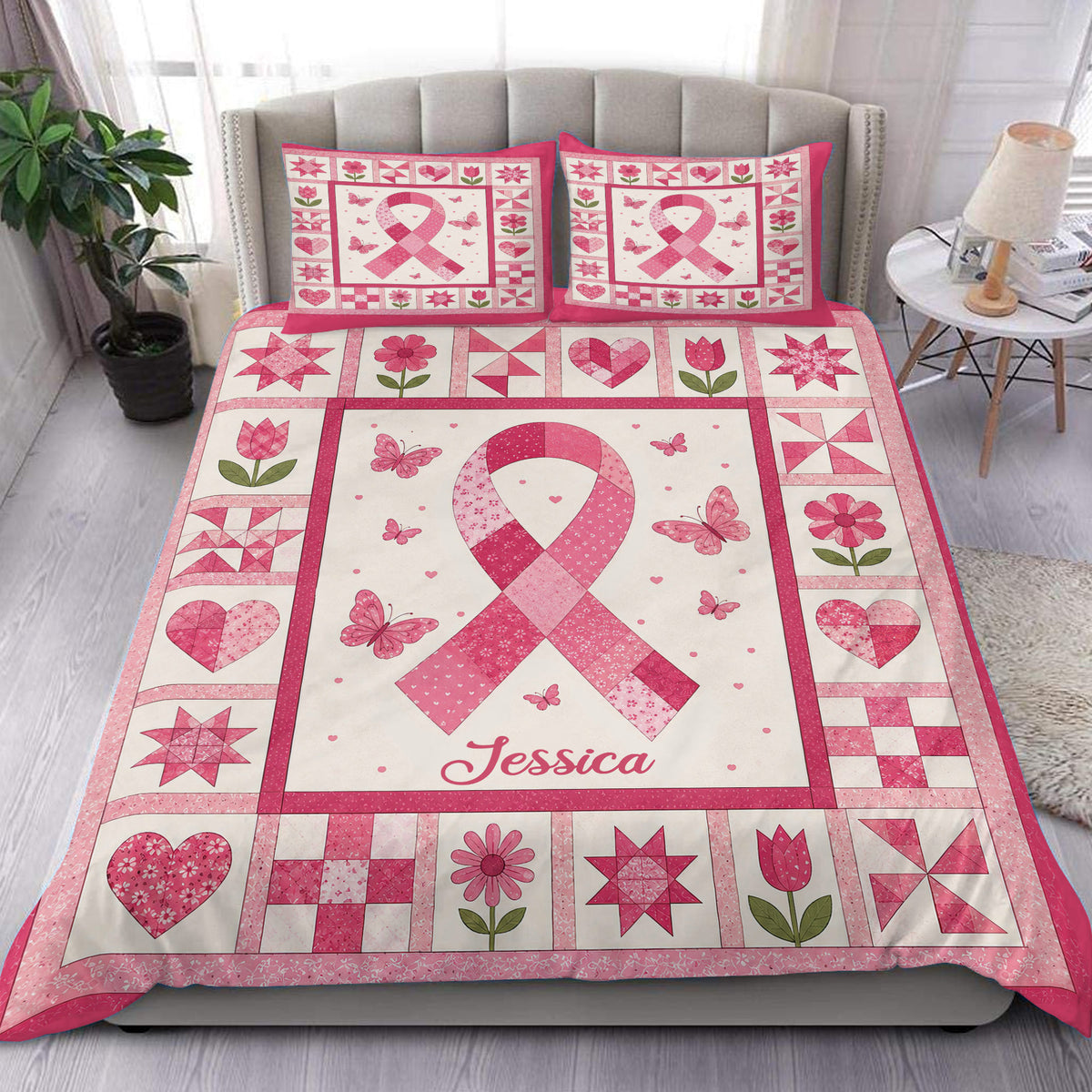Pink breast cancer awareness ribbon duvet cover bedding set displayed in a bright bedroom with matching pillowcases