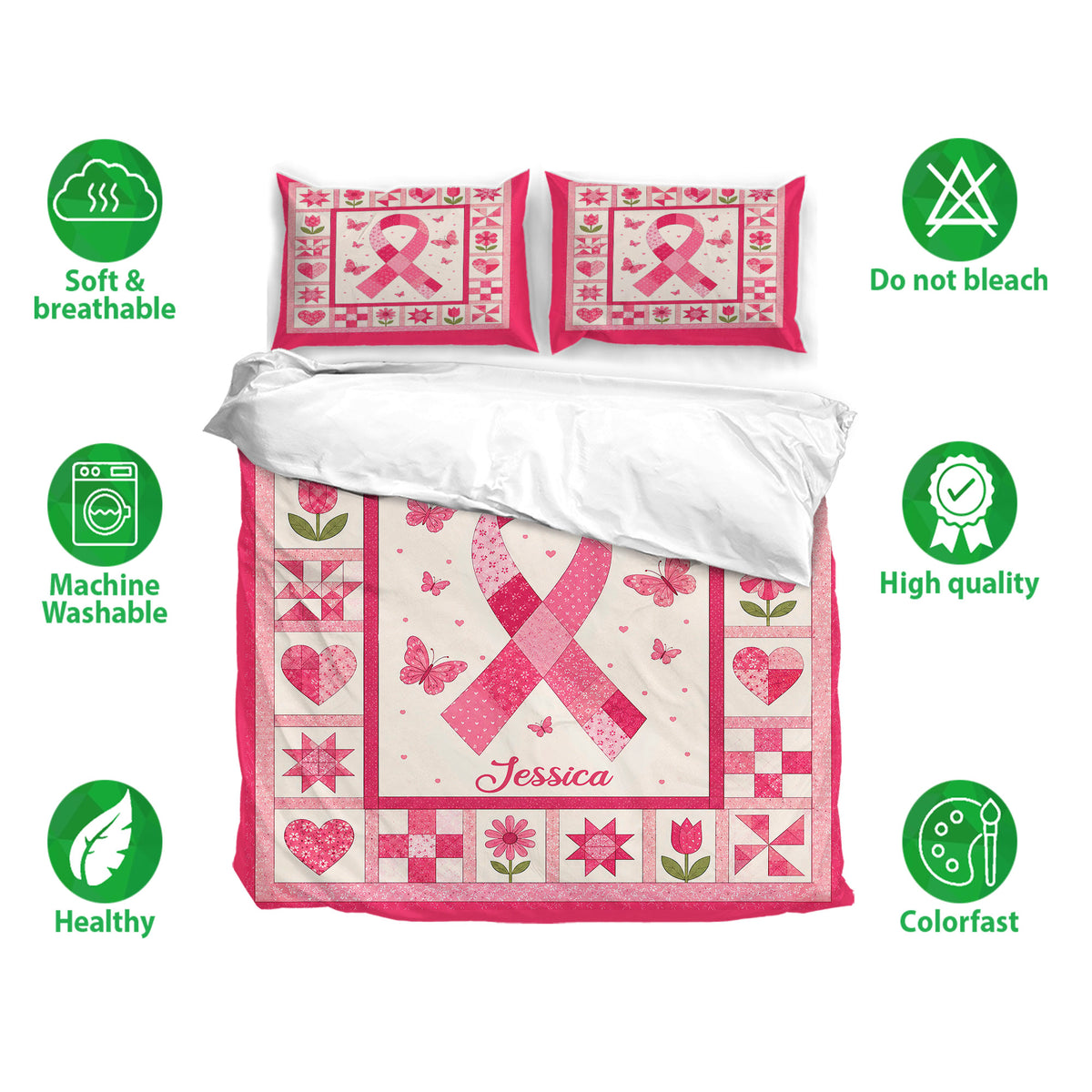 Breast cancer awareness pink ribbon bedding set shown with floral and butterfly artwork in a bedroom display