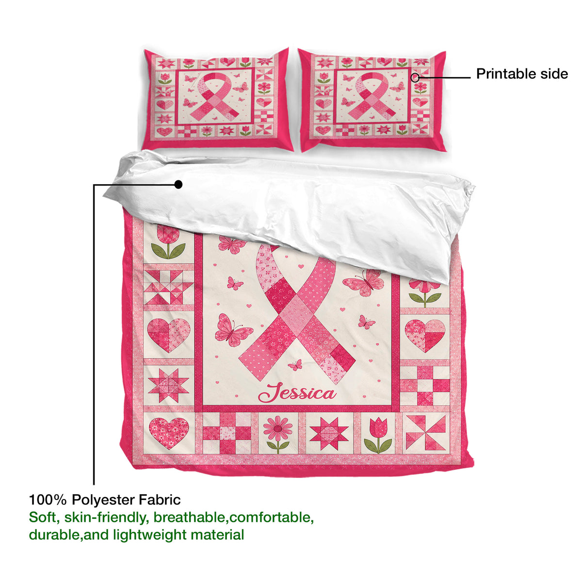 Pink breast cancer ribbon duvet cover with matching pillowcases and decorative floral artwork