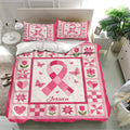 Pink ribbon breast cancer duvet cover bedding set presented in a bright modern bedroom with matching pillowcases