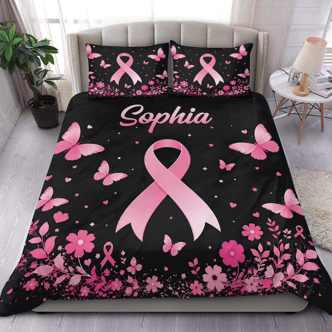 Breast cancer awareness duvet cover set with pink ribbons, butterflies, flowers, and hearts on black bedding