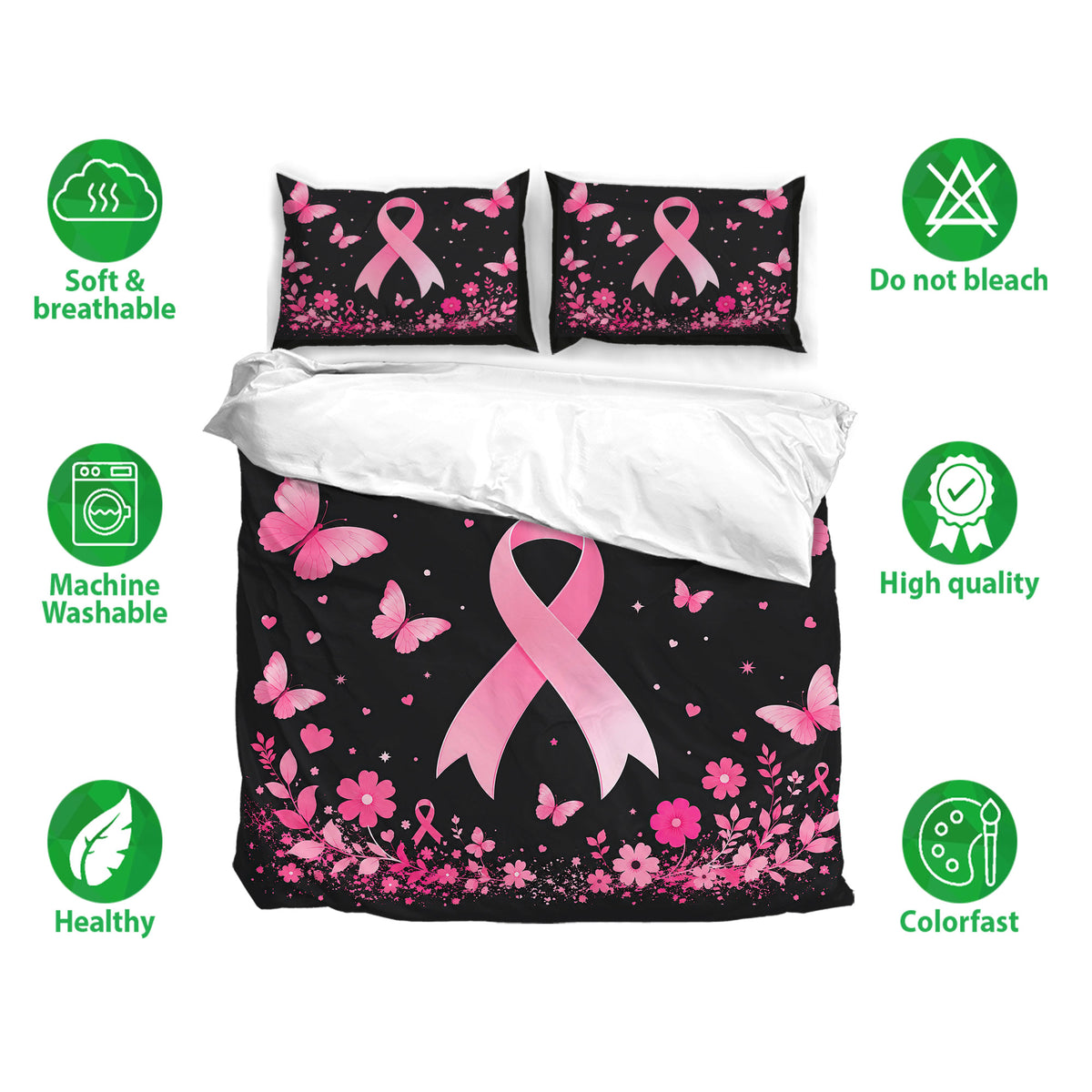 Breast cancer awareness bedding set displayed with pink ribbon artwork, butterfly accents, and floral details