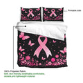 Breast cancer duvet cover set showing pink ribbon and butterfly artwork on a black floral design