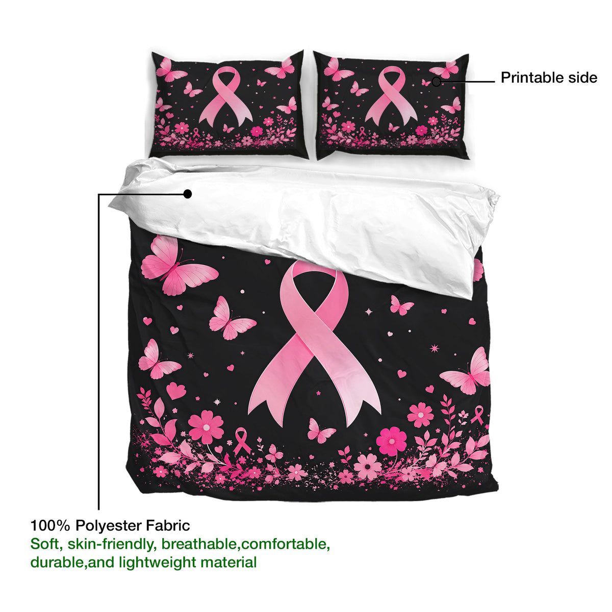 Breast cancer duvet cover set showing pink ribbon and butterfly artwork on a black floral design