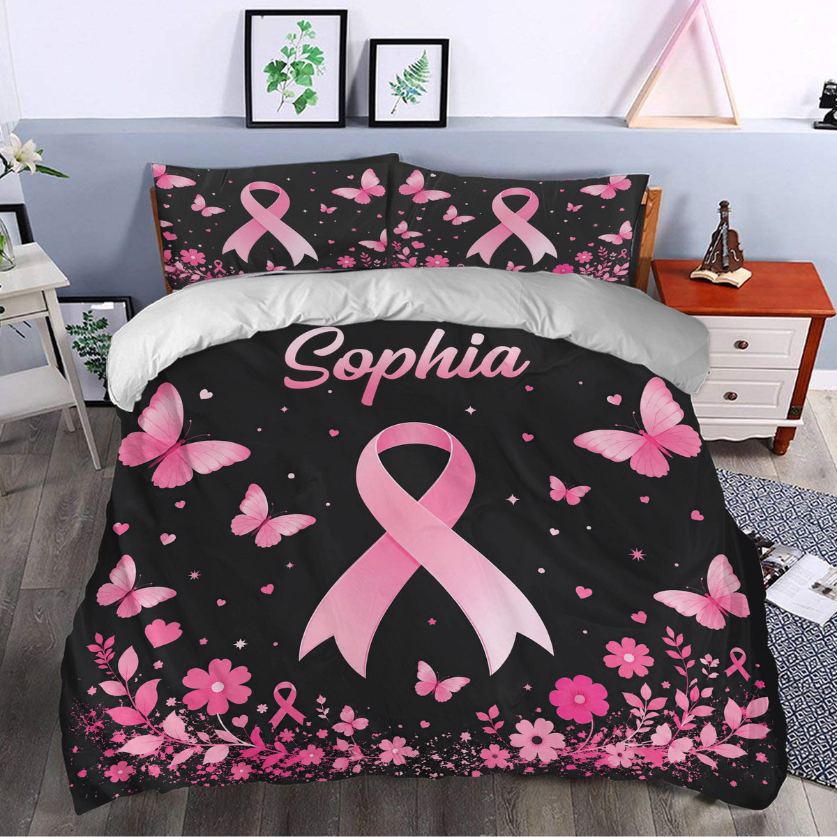 Breast cancer awareness duvet cover styled in a bedroom with pink ribbons, butterflies, and flower borders