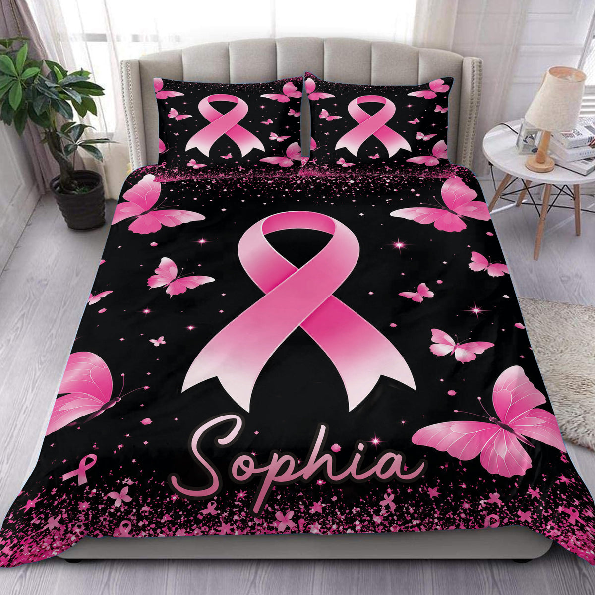 Breast cancer awareness duvet cover set with pink ribbons and butterflies on a black bedroom design