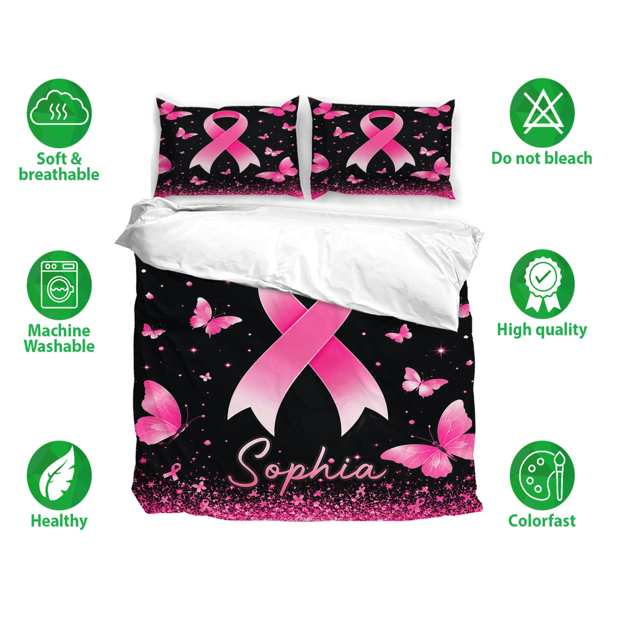 Breast cancer bedding set displayed with pink ribbon and butterfly artwork on a black background