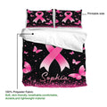 Breast cancer duvet cover with pink ribbon artwork, butterfly details, and a soft black design