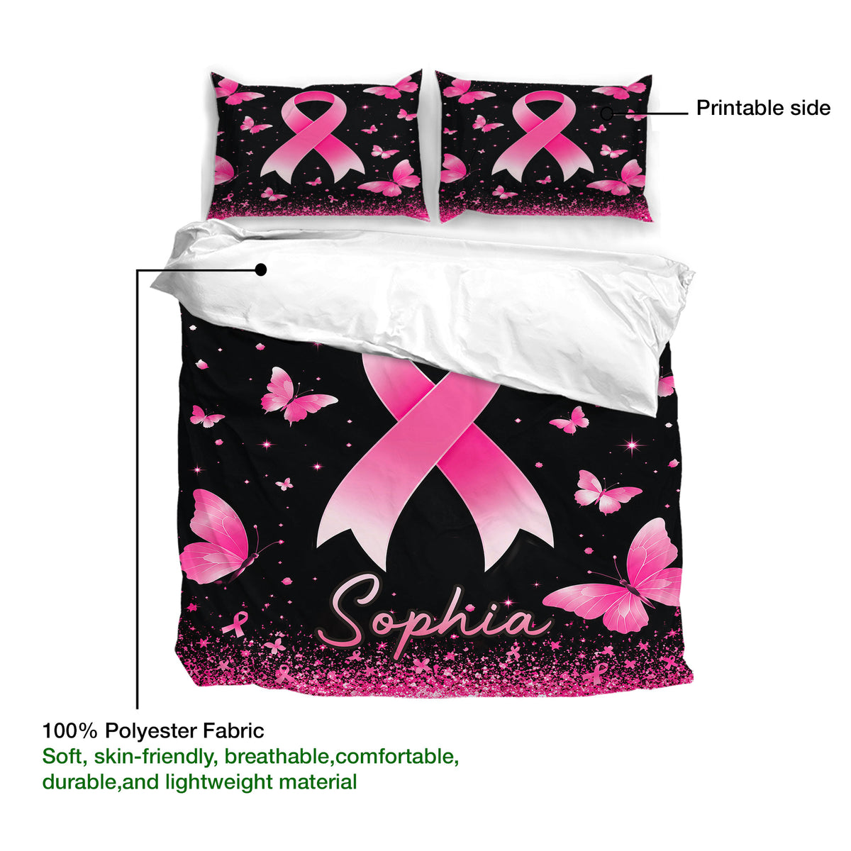 Breast cancer duvet cover with pink ribbon artwork, butterfly details, and a soft black design