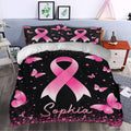 Breast cancer duvet cover bedding set styled in a bedroom with pink ribbons and butterflies