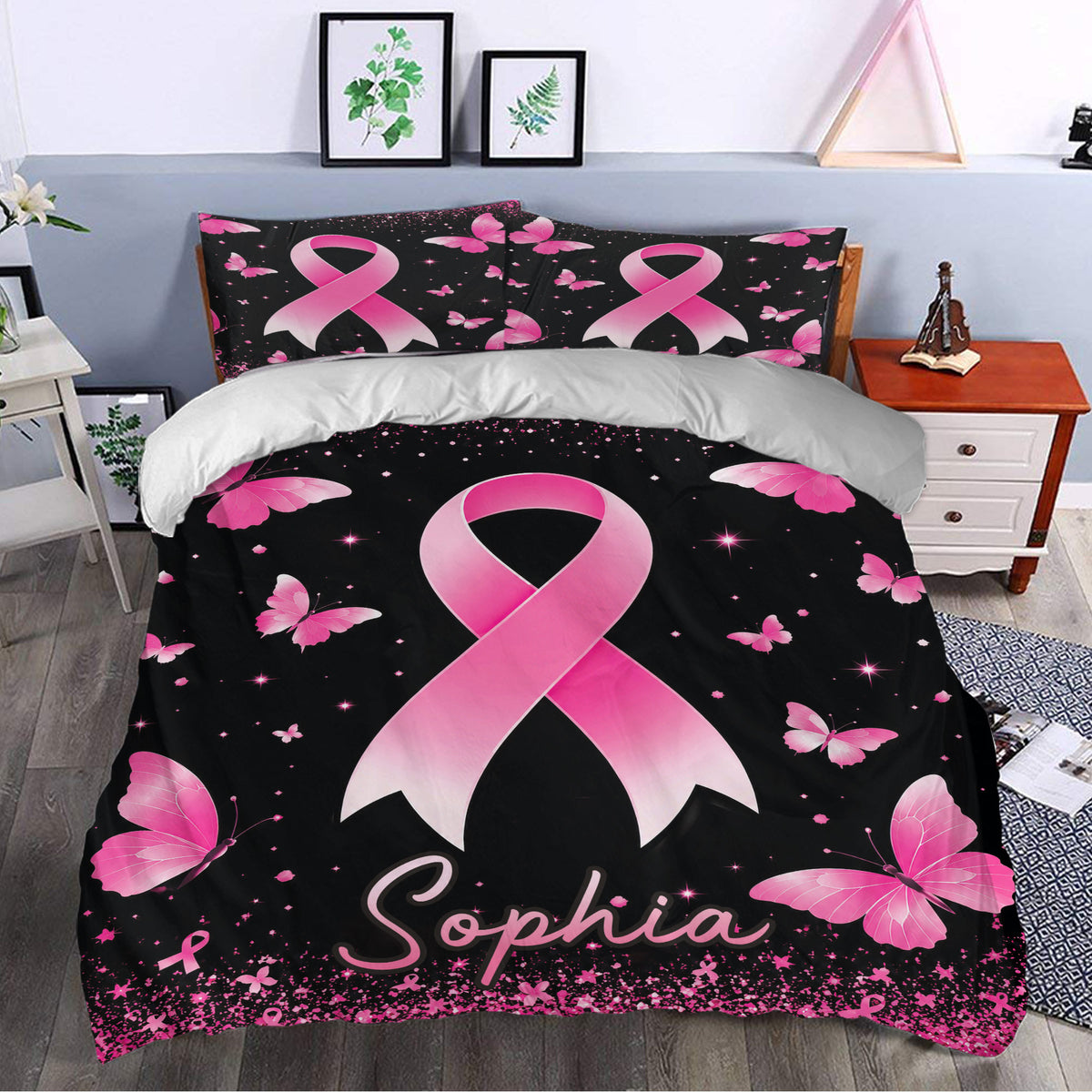 Breast cancer duvet cover bedding set styled in a bedroom with pink ribbons and butterflies