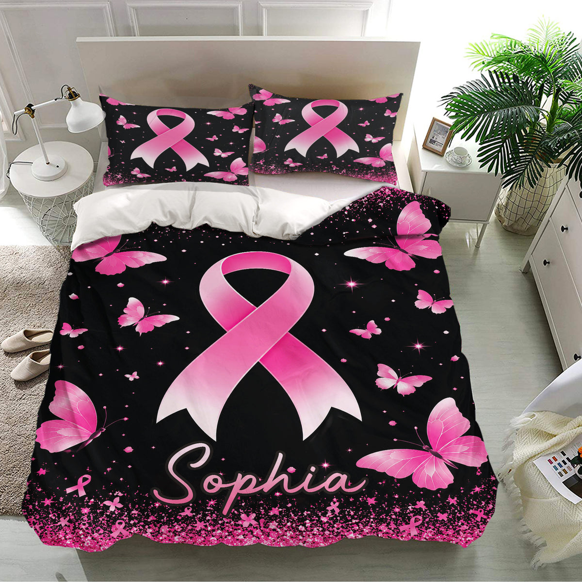 Breast cancer awareness bedding with large pink ribbon artwork, butterflies, and sparkling accents