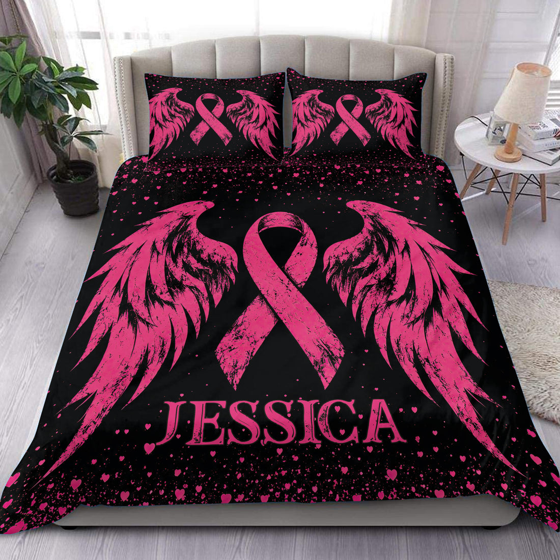 Breast Cancer duvet cover set with pink awareness ribbons, angel wings, hearts, and black bedroom styling