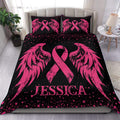 Breast Cancer duvet cover set with pink awareness ribbons, angel wings, hearts, and black bedroom styling