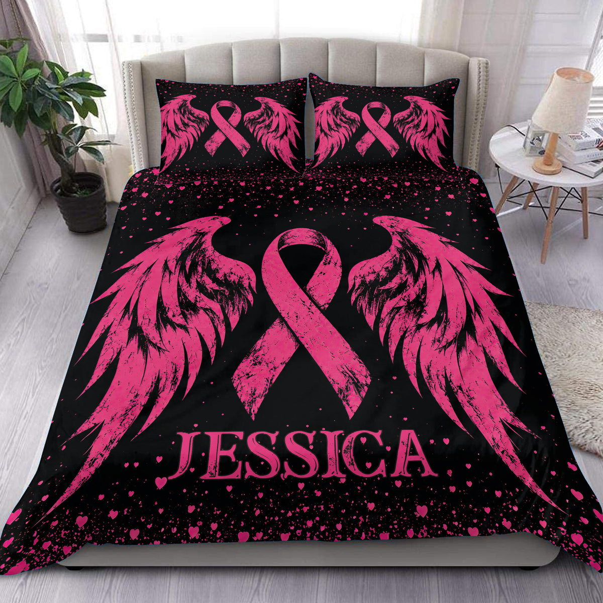 Breast Cancer duvet cover set with pink awareness ribbons, angel wings, hearts, and black bedroom styling