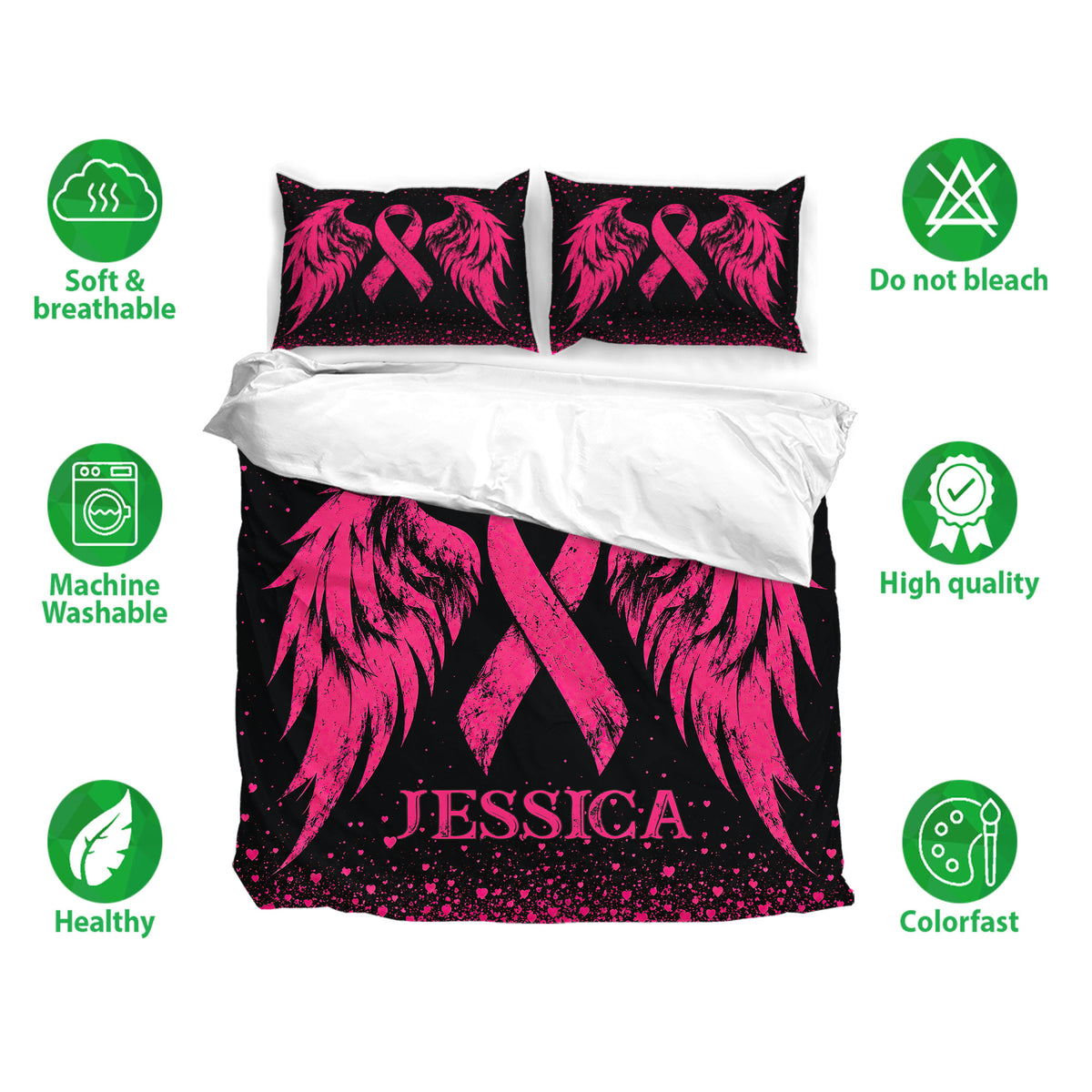 Breast Cancer bedding set displayed with pink winged ribbons and visible softness, wash, and colorfast feature icons