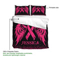 Breast Cancer duvet cover with pink winged ribbon artwork shown in a product detail and fabric presentation
