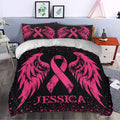 Breast Cancer duvet cover set styled in a bedroom with bold pink ribbons, wings, hearts, and black artwork