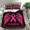 Black and pink Breast Cancer bedding set with winged awareness ribbons and heart-speckled bedroom decor