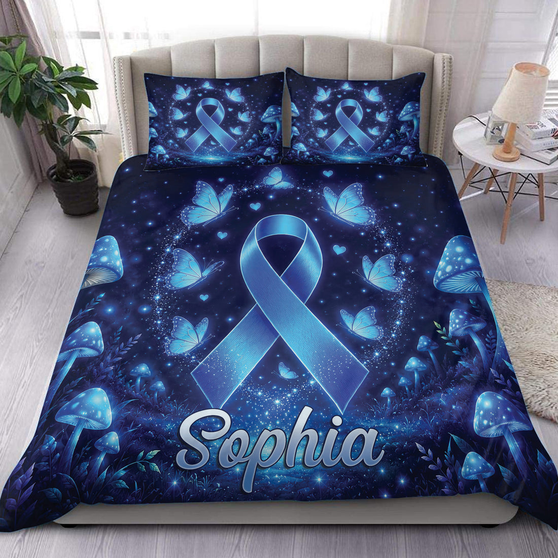 Custom name diabetes awareness duvet cover bedding set with glowing blue awareness ribbon, luminous blue butterflies, fantasy mushrooms, sparkling stars and navy woodland artwork; matching printed pillow shams
