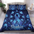 Custom name diabetes awareness duvet cover bedding set with glowing blue awareness ribbon, luminous blue butterflies, fantasy mushrooms, sparkling stars and navy woodland artwork; matching printed pillow shams