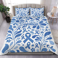 Diabetes duvet cover set in blue and white with awareness ribbons, floral vines, and bedroom styling