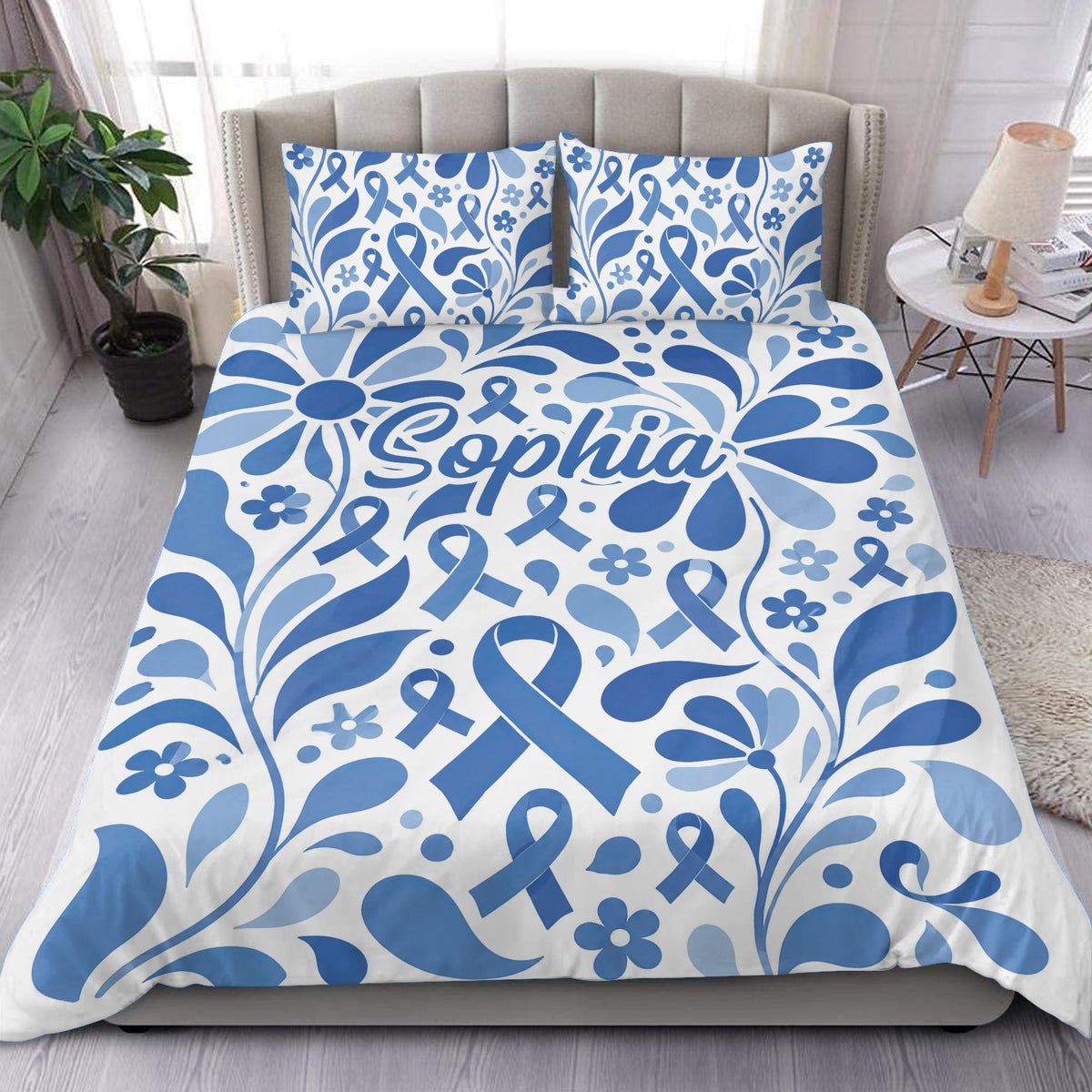 Diabetes duvet cover set in blue and white with awareness ribbons, floral vines, and bedroom styling