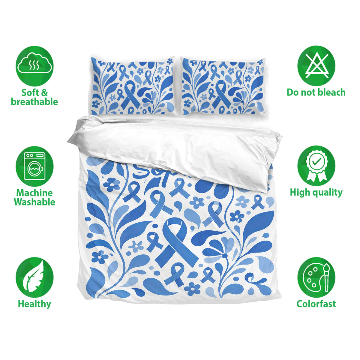 Blue diabetes awareness ribbon duvet cover bedding set shown with matching pillowcases and design details