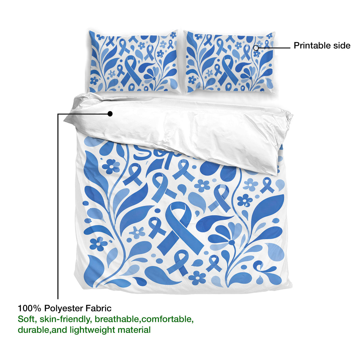 Diabetes awareness duvet cover set displaying blue ribbon artwork, floral motifs, and soft polyester fabric