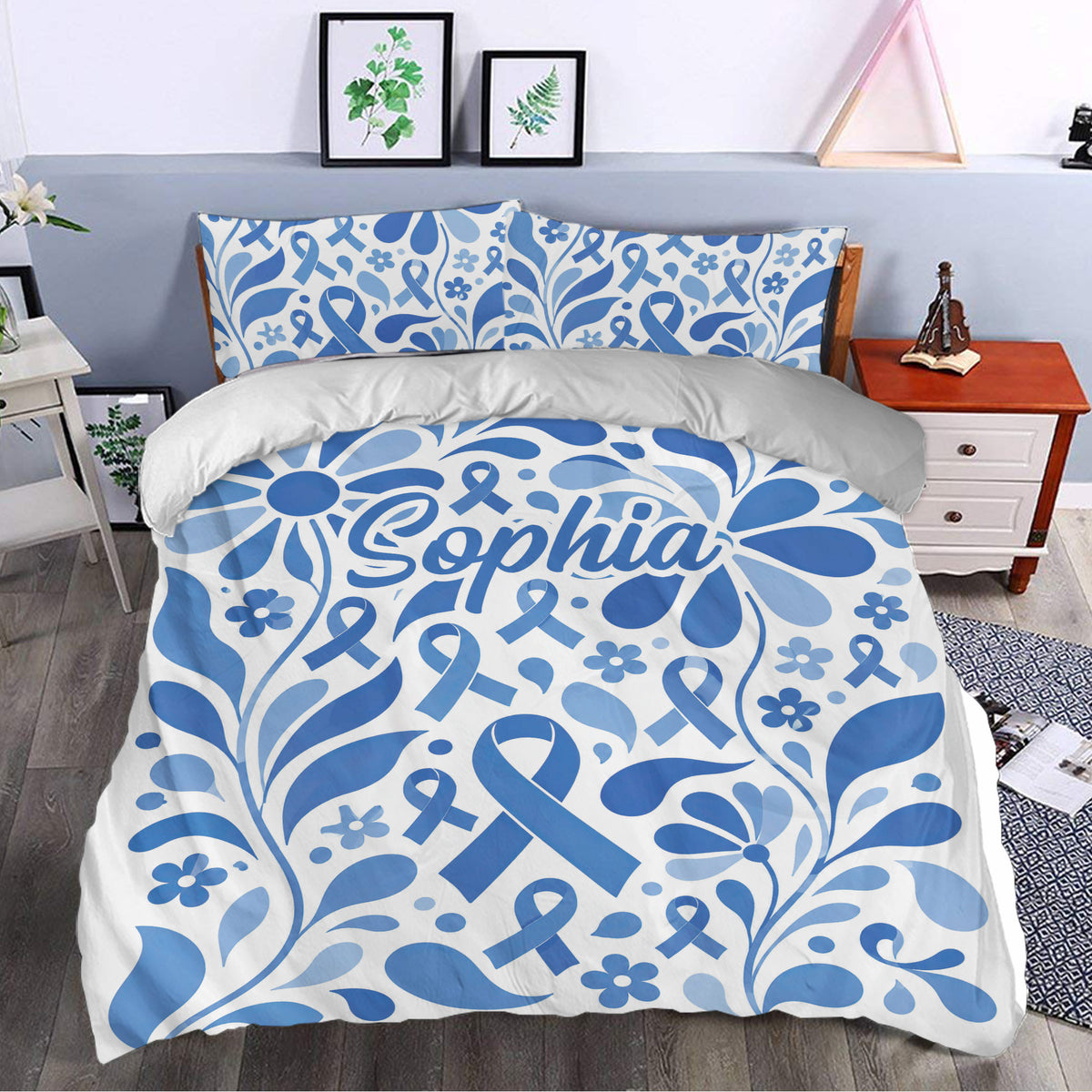 Blue diabetes duvet cover bedding set styled in a bright bedroom with floral awareness ribbon artwork