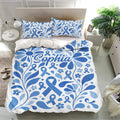 Diabetes awareness bedding set with blue ribbons, flowers, and personalized lettering across the duvet cover