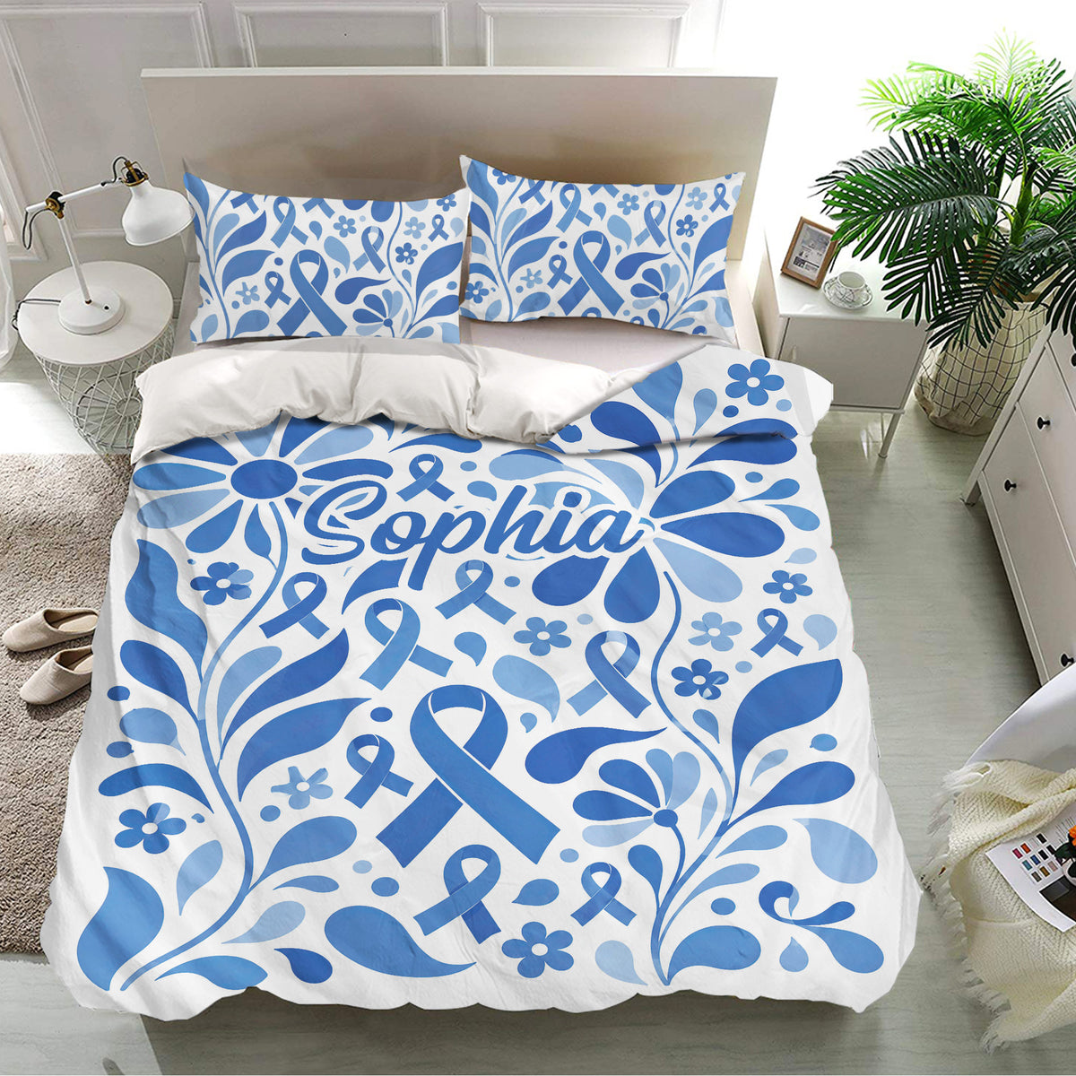 Diabetes awareness bedding set with blue ribbons, flowers, and personalized lettering across the duvet cover