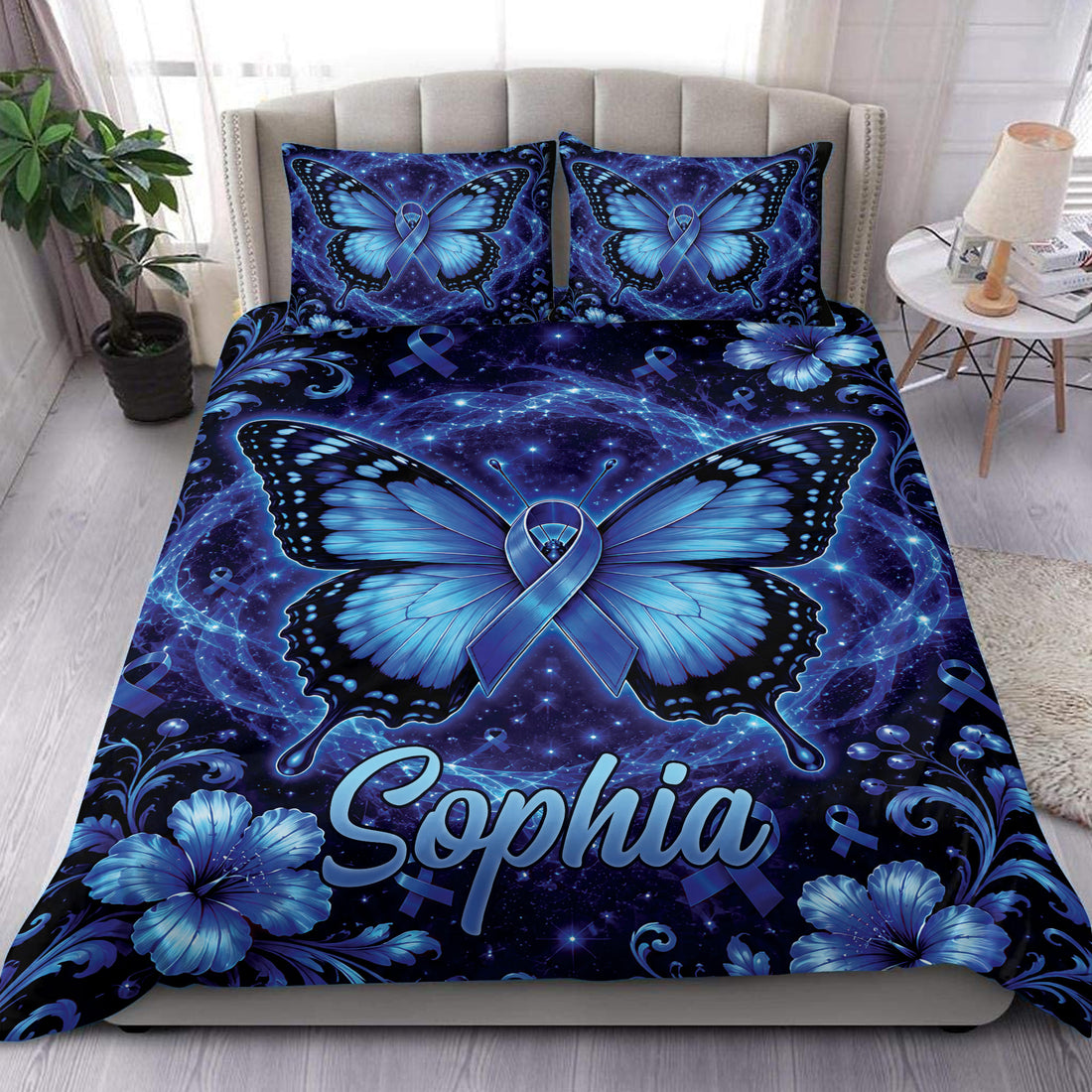Blue butterfly diabetes awareness duvet cover set styled in a bright modern bedroom