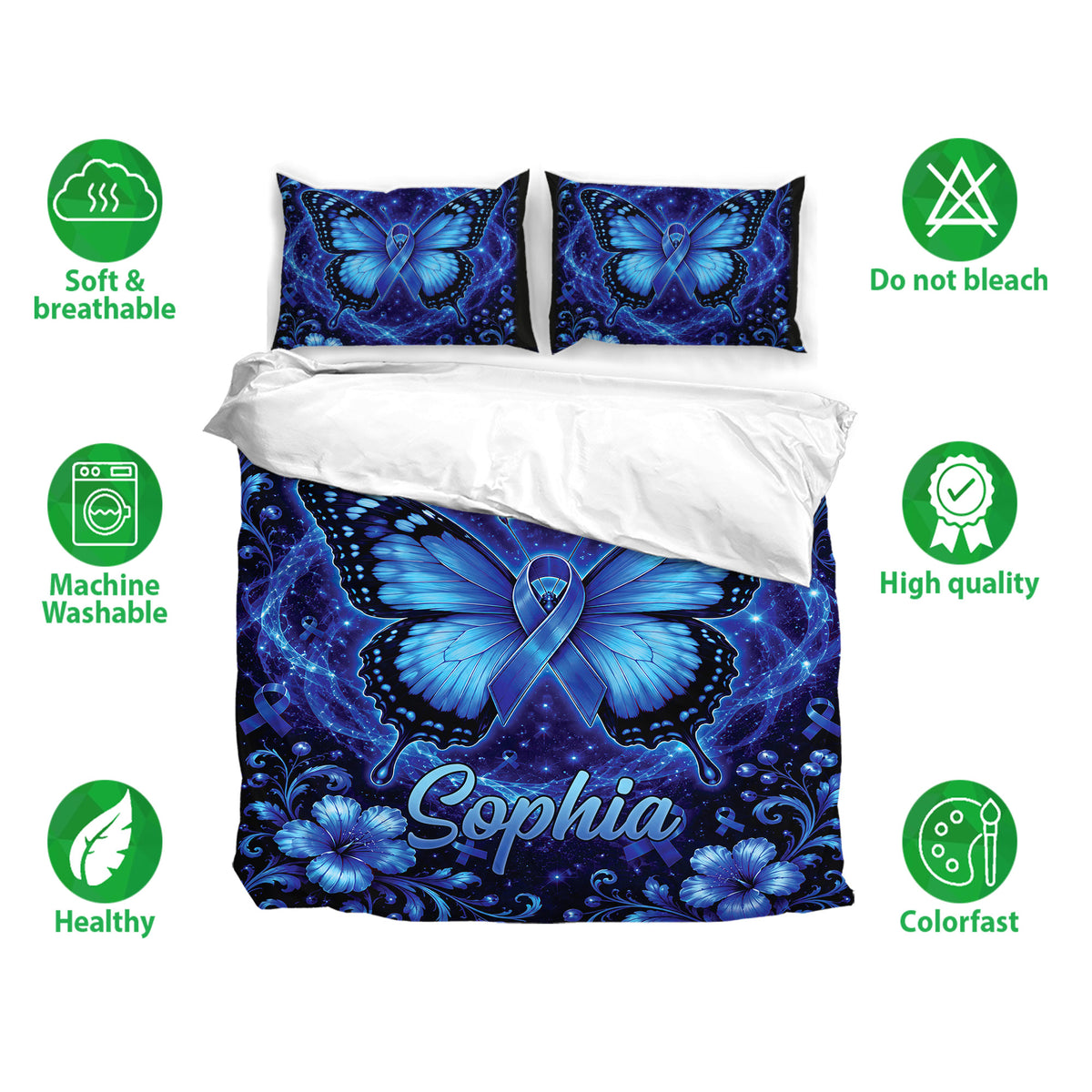 Diabetes awareness bedding set with blue butterflies, ribbons, floral accents, and starry artwork
