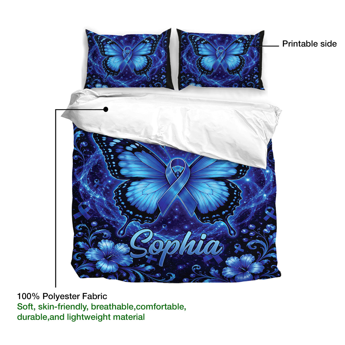 Diabetes awareness duvet cover set showing blue butterfly artwork and printable fabric surface