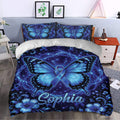 Blue butterfly diabetes awareness bedding styled with floral details in a contemporary bedroom