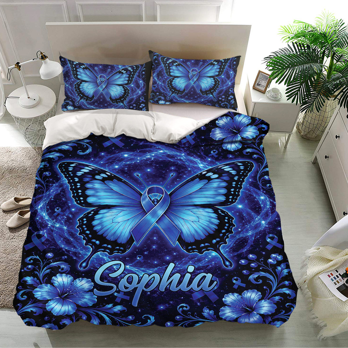 Diabetes awareness duvet cover bedding set with blue butterflies, ribbons, and matching pillowcases