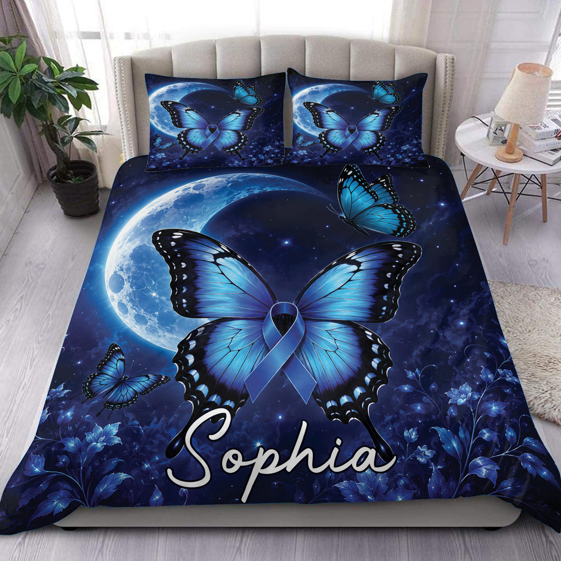 Diabetes awareness duvet cover set with blue butterflies, ribbons, moonlight, flowers, and a deep navy background