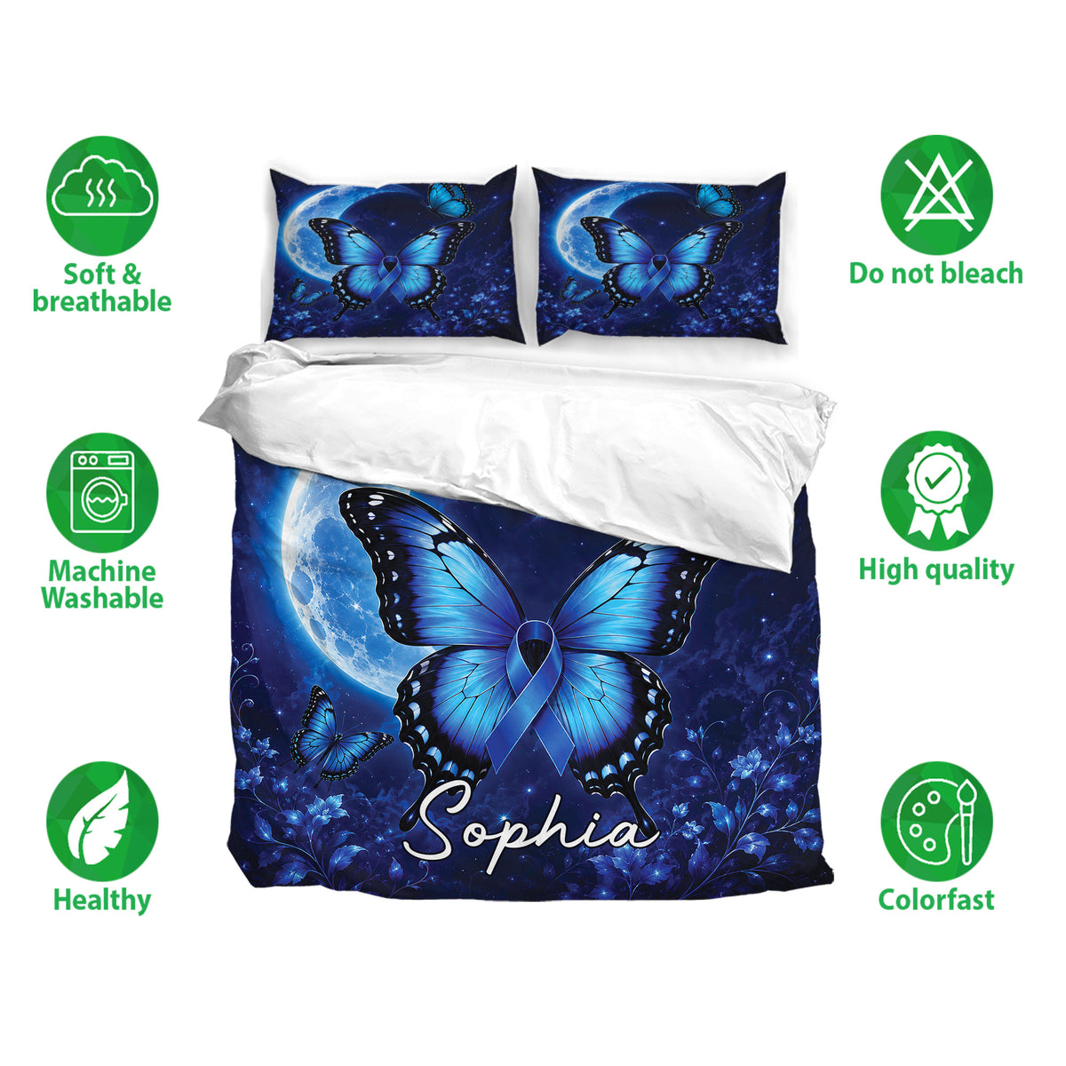 Diabetes awareness bedding set displayed with blue butterfly artwork and breathable, washable fabric feature icons