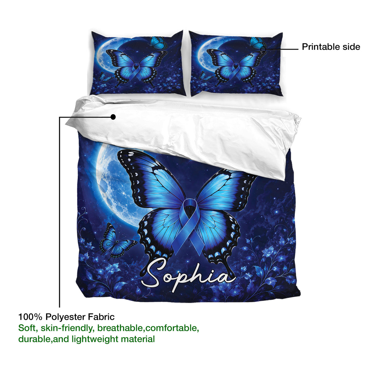 Diabetes awareness duvet cover set showing the printable blue butterfly ribbon design on soft polyester fabric