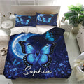 Diabetes awareness bedding set presented in a bright bedroom with blue butterfly ribbon artwork and floral accents