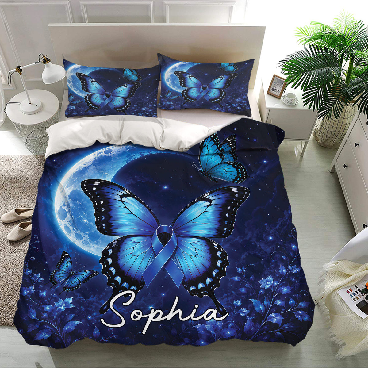 Diabetes awareness bedding set presented in a bright bedroom with blue butterfly ribbon artwork and floral accents