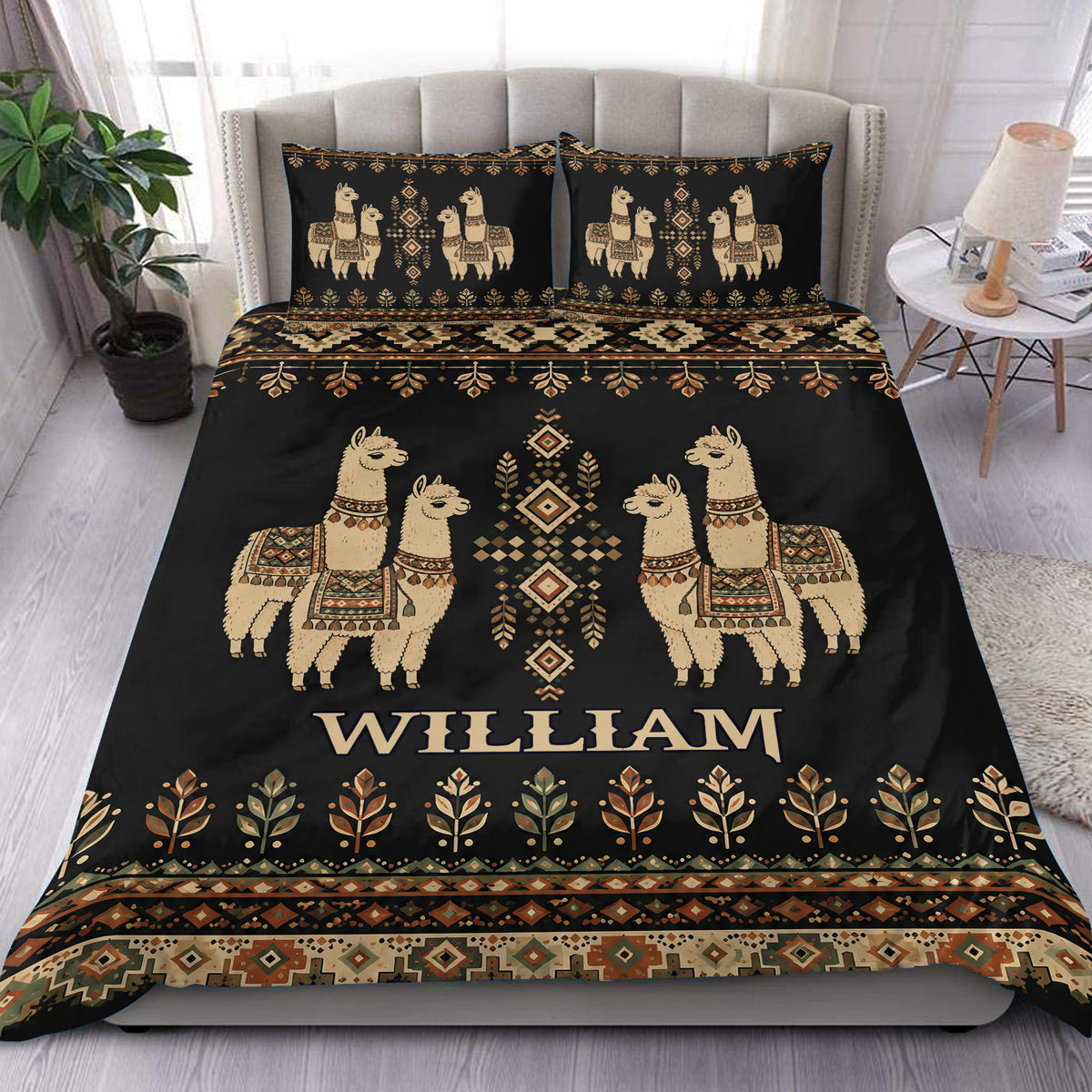 Black alpaca duvet cover set with geometric boho patterns, earthy borders, and matching pillowcases on a bed
