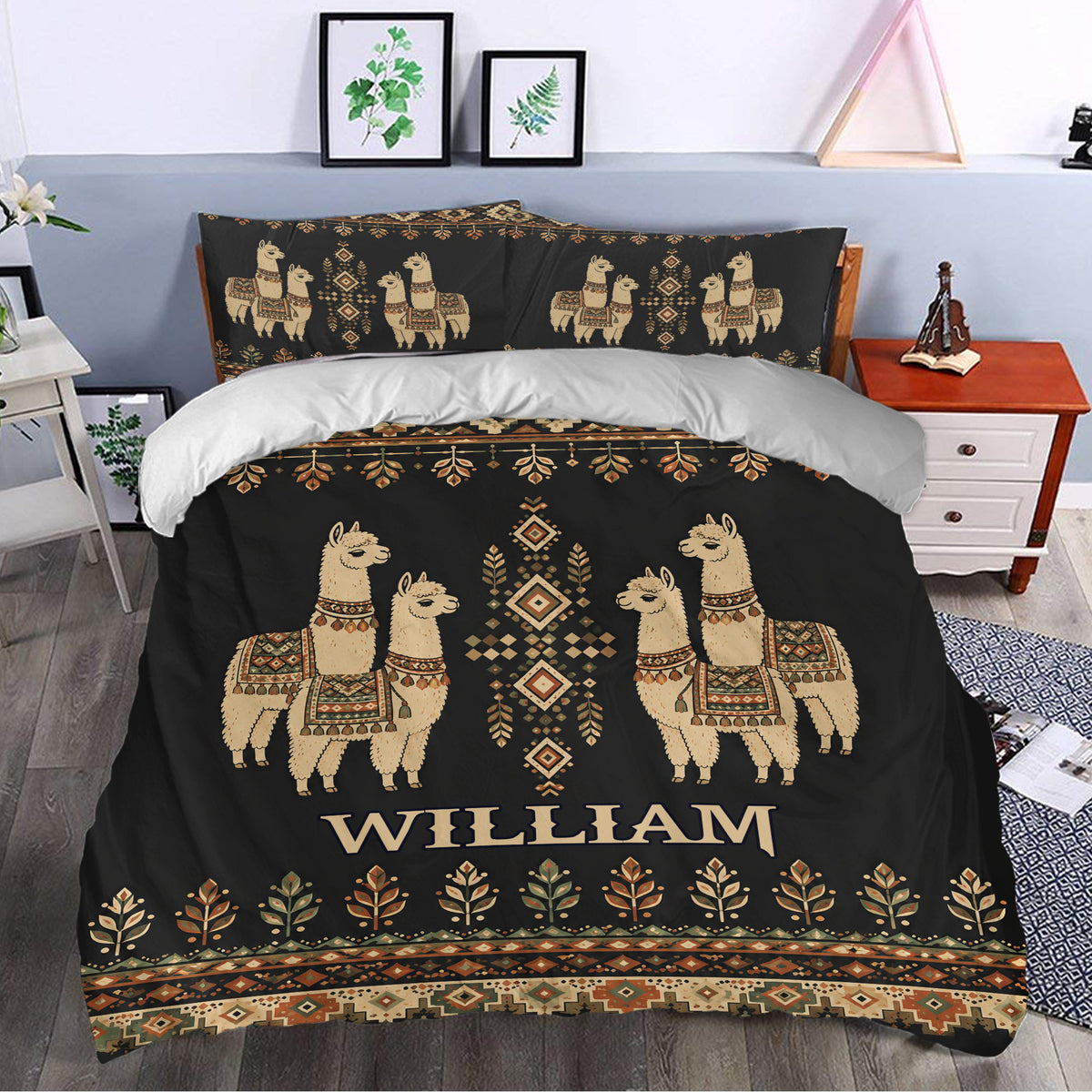 Boho alpaca duvet cover set styled in a bedroom with earthy geometric patterns and matching pillowcases