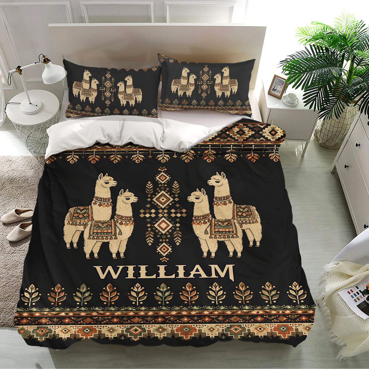 Alpaca duvet cover bedding set in a bright bedroom with matching pillowcases, black fabric, and colorful motifs