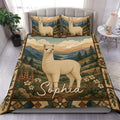 Alpaca duvet cover set displayed on a bed with mountain scenery, forest details, wildflowers, and a decorative border