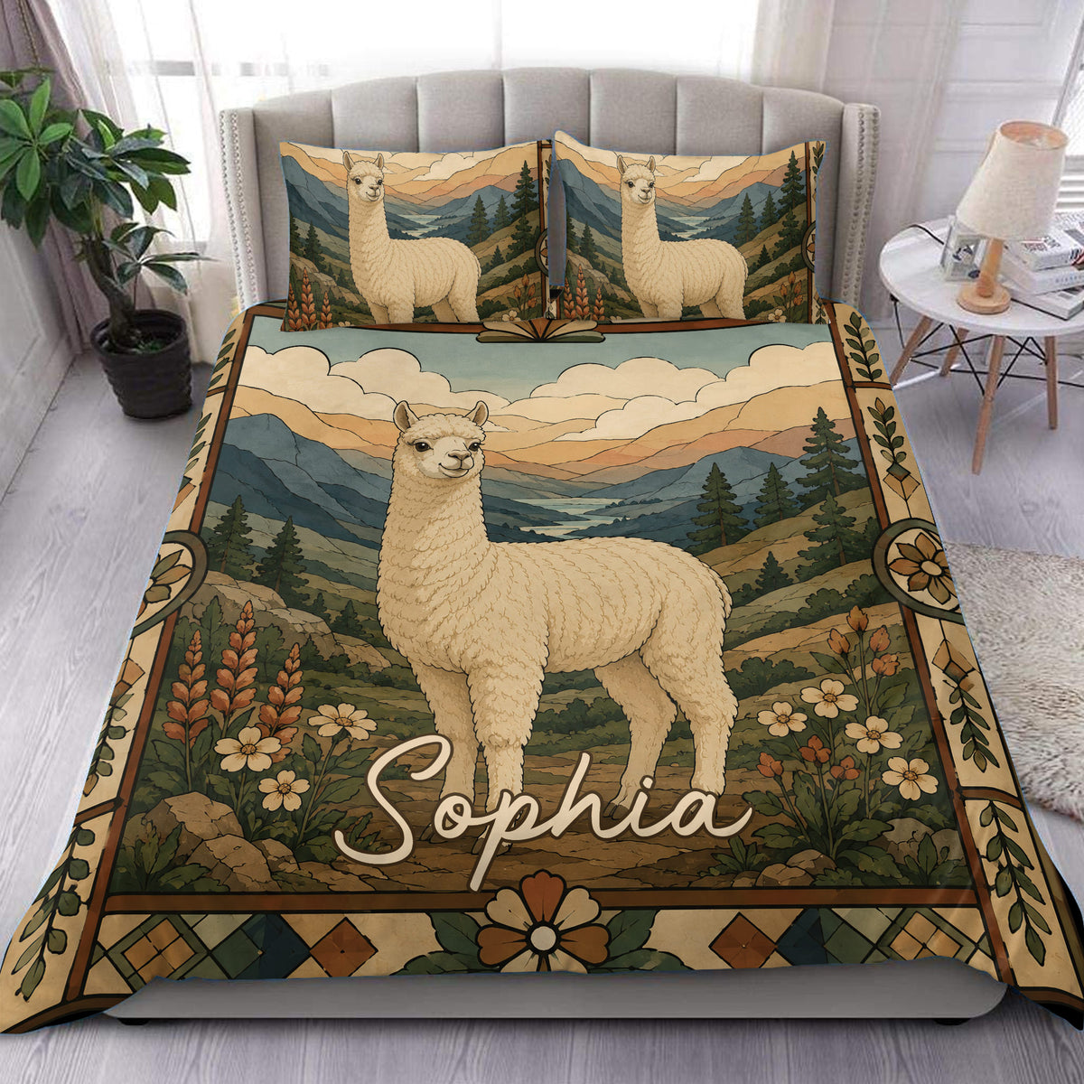 Alpaca duvet cover set displayed on a bed with mountain scenery, forest details, wildflowers, and a decorative border