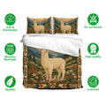 Alpaca bedding set shown with matching pillowcases, mountain artwork, soft breathable fabric, and rich earthy colors