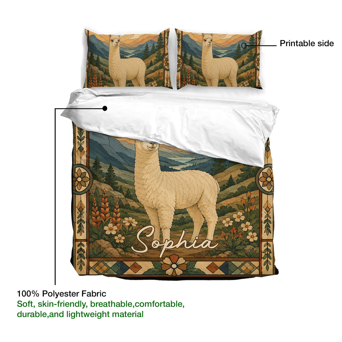 Alpaca duvet cover bedding set showing the printable side and soft polyester fabric details