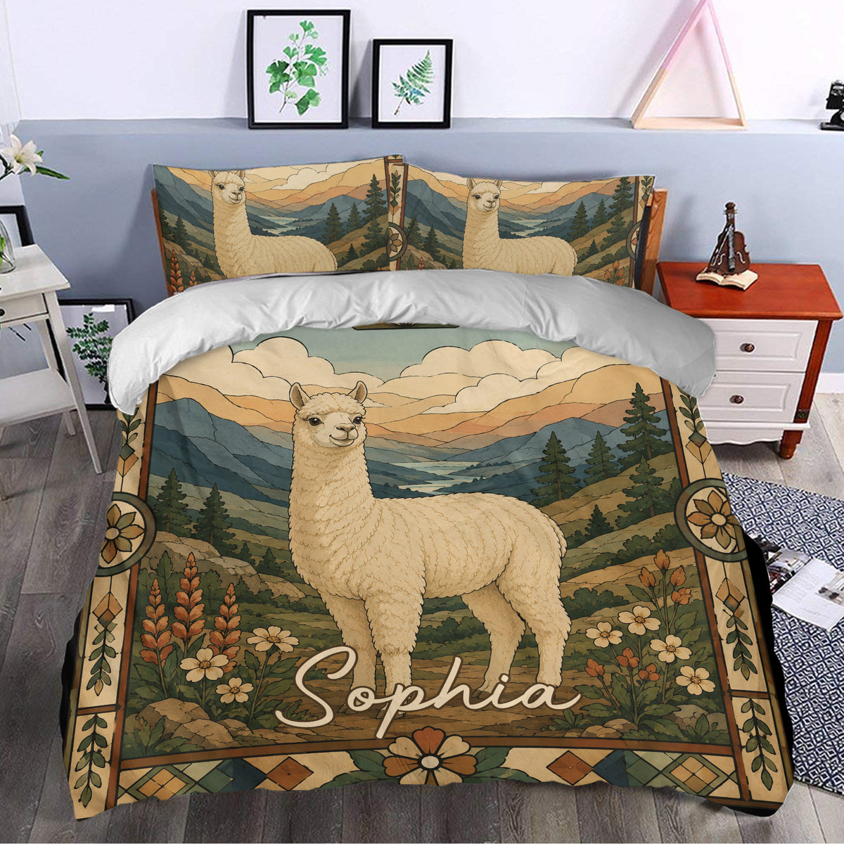 Alpaca duvet cover set styled in a bedroom with mountain landscape artwork, flowers, and woodland accents